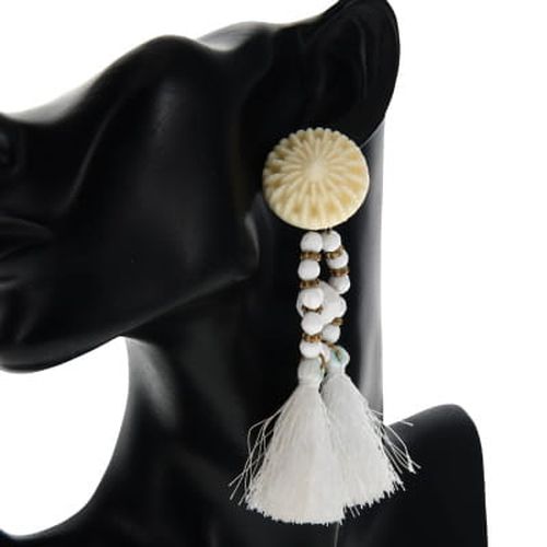 Boucles d'oreilles perles et pompoms - blanches et ecrues - Label Emmaus - Modalova