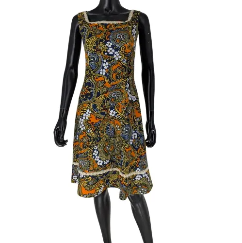 Robe vintage T. 36 motif graphique des annes 60/70 + dentelle, sans manches, vase - Label Emmaus - Modalova
