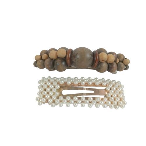Lot de 2 barrettes  cheveux en boules de bois et perles - Label Emmaus - Modalova
