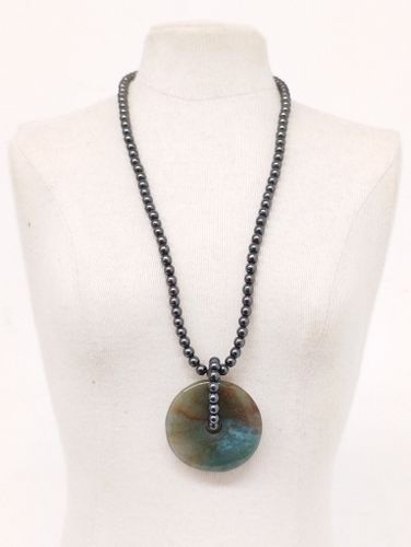 Collier 41 cm Hmatite pendentif pierre Amazonite avec Fermoir Menotte - Label Emmaus - Modalova