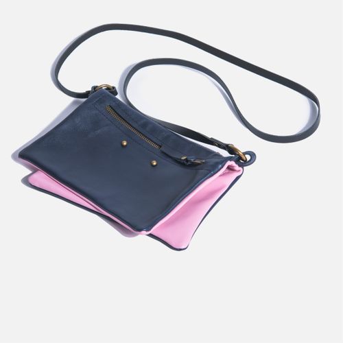 SAC POCHETTE DOUBLE RVERSIBLE - CUIR LISSE MARINE ET ROSE - jeu de matires - Modalova