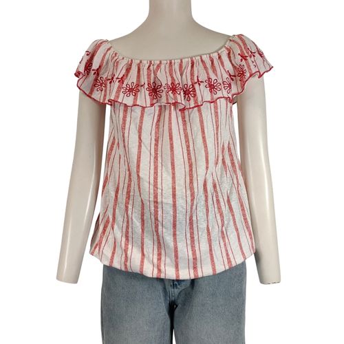 Top épaules dénudées rayé brodé volant col bardot bohème taille S - Grain de Malice - Modalova