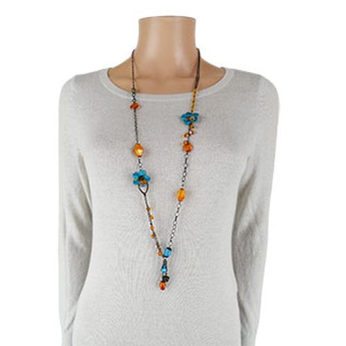 Collier sautoir avec fleurs bleues et perles oranges - Label Emmaus - Modalova