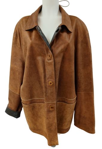 Veste réversible en cuir lisse noir et cuir suédé noisette - Coupe 3/4 Vintage - taille unique - Label Emmaus - Modalova