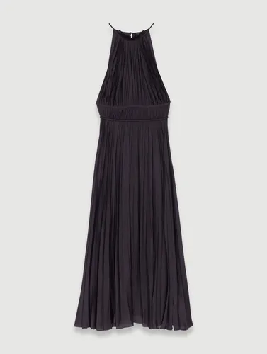 Robe Longue Satinée Plissée - Noir - Maje - Modalova