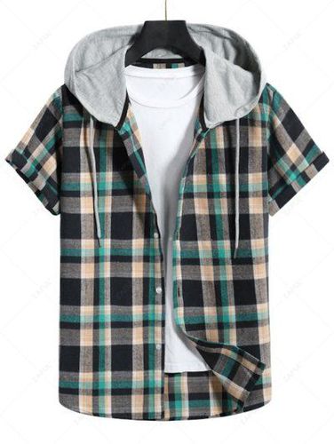 Plaid Pattern Contrast Hooded Short Sleeve Shirt - Zaful - Modalova