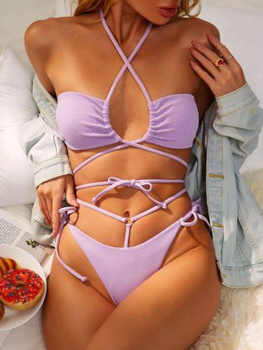 Tie Back O-ring Criss Cross Halter Textured Bikini Swimwear - Zaful - Modalova