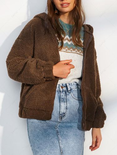 Manteau Capuche Zipp avec Poche en Fausse Laine L - ZAFUL - Modalova