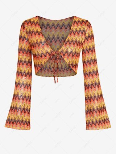 Tie Front Flare Sleeve Zig Zag Knit Cropped Top - Zaful - Modalova