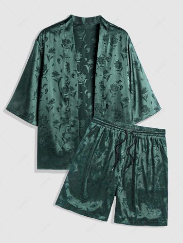 Ensemble Kimono Soyeux Imprim Roses en Satin et Short Dcontracts Taille unique - Zaful FR - Modalova