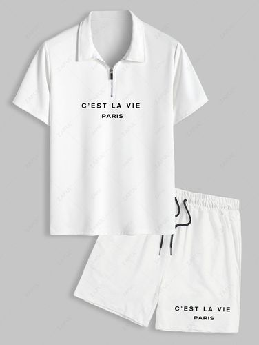 Ensemble de T-shirt Zippé à Col Polo à Imprimé C'EST LA VIE PARIS et Short - ZAFUL - Modalova