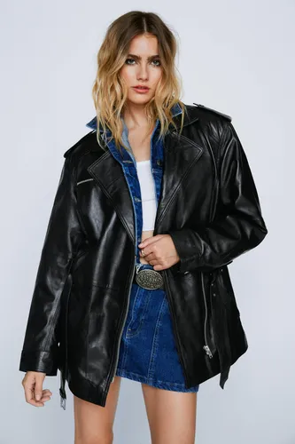 Veste Longue En Cuir Véritable Avec Ceinture Et Fermeture Éclair - - 34 - Nasty Gal - Modalova