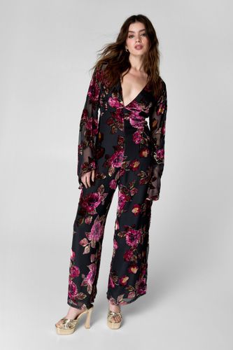 Floral Devore Fluted Sleeve Tie Back Jumpsuit - 42 - Nasty Gal - Modalova