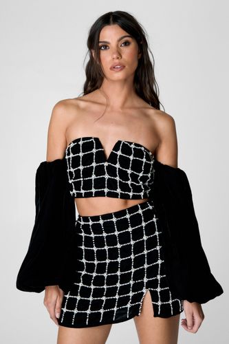 Pearl Embellished Velvet Bardot Top - 36 - Nasty Gal - Modalova
