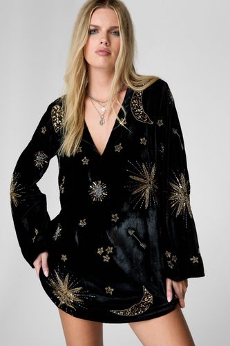 Velvet Celestial Tattoo Embellished Plunge Tunic Mini Dress - 34 - Nasty Gal - Modalova