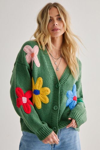 Chunky Knit Flower Detail Cardigan - S/M - Nasty Gal - Modalova