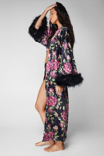 Premium Floral Velvet Feather Trim Maxi Dressing Gown - - M - Nasty Gal - Modalova
