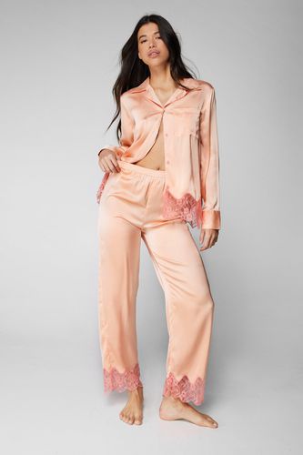 Satin Contrast Lace Long Sleeve Shirt And Trouser Pyjama Set - - L - Nasty Gal - Modalova