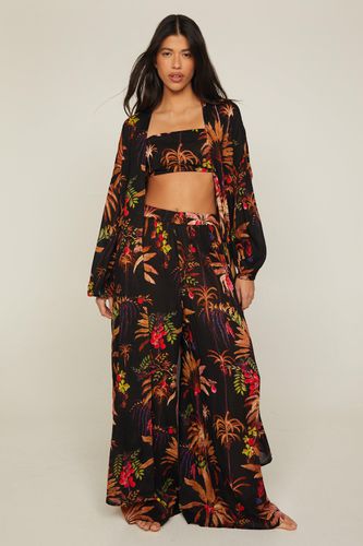 Crinkle Palm Tree Bandeau Kimono & Trousers 3Pc Set - - L - Nasty Gal - Modalova