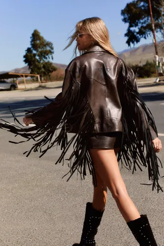 Real Leather Distressed Star Cut Out Fringe Jacket - - 40 - Nasty Gal - Modalova