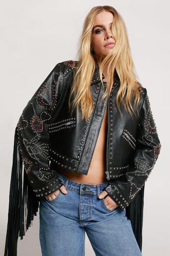 Real Leather Studded Fringe Jacket - - 32 - Nasty Gal - Modalova
