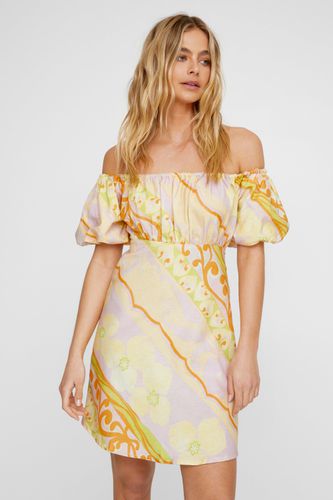 Muted Floral Stripe Linen Bardot Puff Sleeve Mini Dress - - 32 - Nasty Gal - Modalova