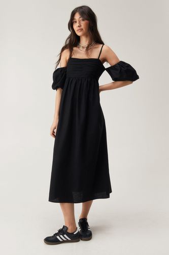 Linen Mix Strappy Puff Sleeve Midi Dress - - 32 - Nasty Gal - Modalova