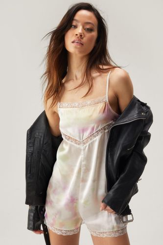 Tie Dye Printed Lace Trim Satin Playsuit - 38 - Nasty Gal - Modalova