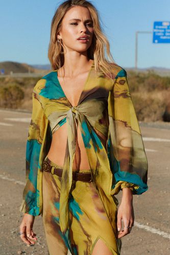 Tie Dye Sheer Tie Front Balloon Sleeve Beach Top - S - Nasty Gal - Modalova