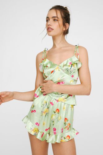 Satin Fruit Stripe Print Ruffle Cami And Shorts Pajama Set - S - Nasty Gal - Modalova