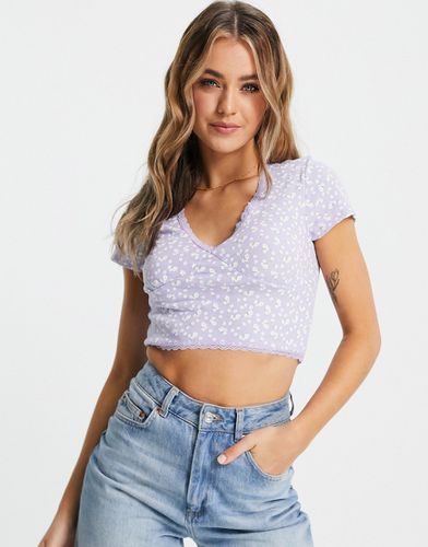 Cotton On - Top crop top col V à fleurs - Lilas - Cotton:on - Modalova