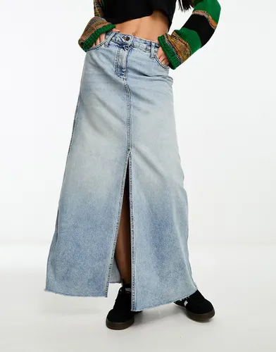 Jupe longue coupe trapèze en jean fendue devant - délavé style vintage - Collusion - Modalova