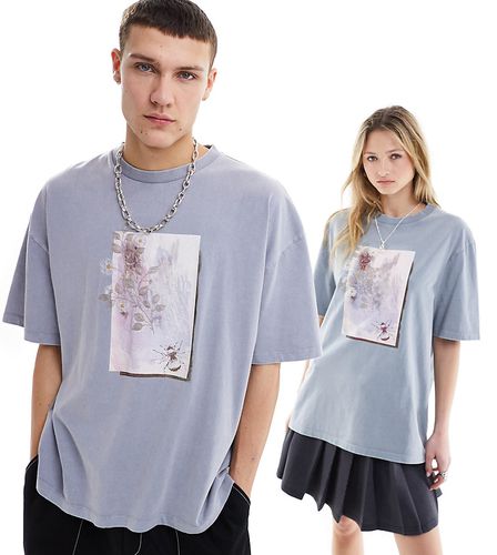 Unisex - T-shirt à imprimé photo et broderie fleurie - délavé - Collusion - Modalova