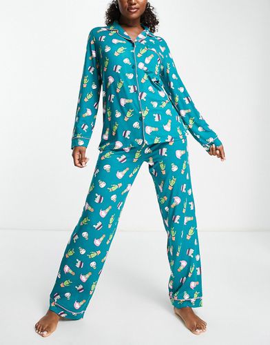 Ensemble de pyjama avec chemise à manches longues et pantalon à imprimé chat et cactus - sarcelle - Chelsea Peers - Modalova