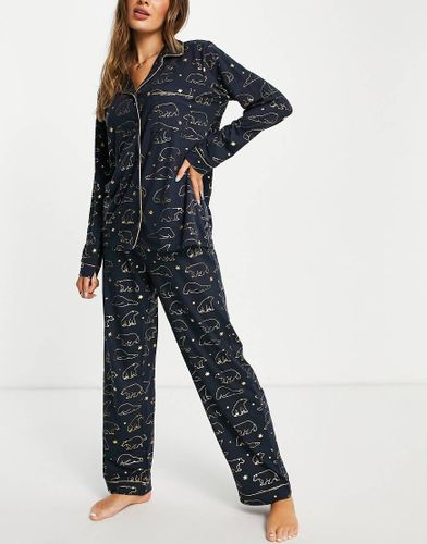 Pyjama avec pantalon et top à revers en jersey - Doré métallisé à imprimé ours polaire - NAVY - Chelsea Peers - Modalova