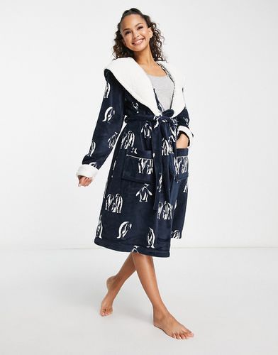 Robe de chambre à capuche avec imprimé pingouins - et blanc - Chelsea Peers - Modalova