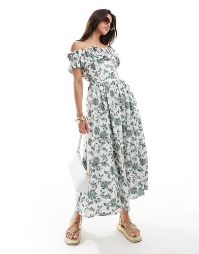 Robe mi-longue à volants et imprimé fleurs avec épaules dénudées - et vert - Abercrombie & Fitch - Modalova