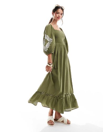 Robe longue de plage froncée à manches bouffantes - olive - Accessorize - Modalova