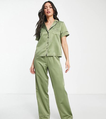 ASOS DESIGN Tall - Mix & Match - Pantalon de pyjama en satin avec liseré à motif animal - Olive - Asos Tall - Modalova