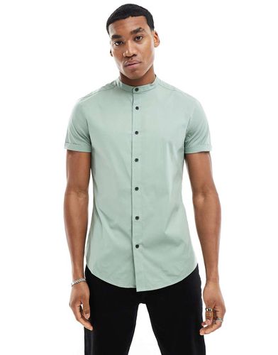 Chemise ajustée à col grand-père et manches retroussées - sauge - Asos Design - Modalova