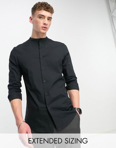 Chemise ajustée en popeline facile à repasser avec col grand-père - Noir - Asos Design - Modalova