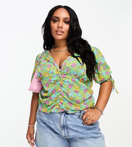 ASOS DESIGN Curve - Blouse boutonnée et froncée à la taille avec imprimé petites fleurs vif - Asos Curve - Modalova