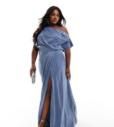 ASOS DESIGN Curve - Exclusivité - Robe longue épaules dénudées en satin avec fente haute - Gris ardoise - Asos Curve - Modalova