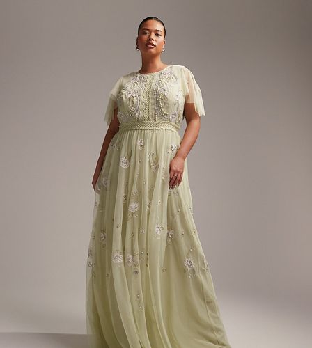 Curve - L'invitée - Robe longue à manches évasées avec perles et fleurs brodées - Sauge - Asos Design - Modalova