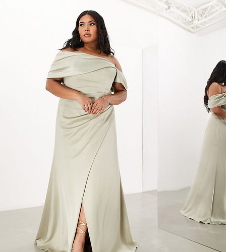 ASOS DESIGN Curve - L'invitée - Robe portefeuille longue en satin avec encolure Bardot - sauge - Asos Curve - Modalova