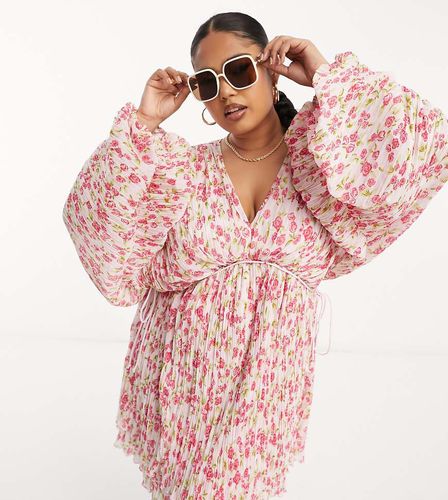 ASOS DESIGN Curve - Robe trapèze courte à imprimé fleuri avec plis serrés et manches chauve-souris - Rose - Asos Curve - Modalova