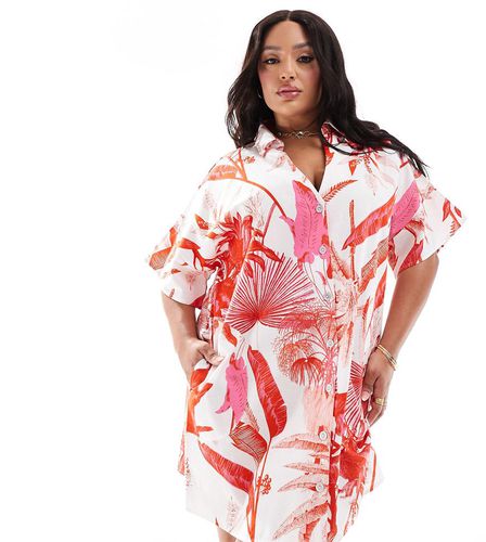 ASOS DESIGN Curve - Robe chemise courte en lin à manches courtes coupe carrée - Rouge à imprimé tropical - Asos Curve - Modalova