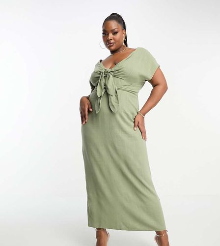 ASOS DESIGN Curve - Robe crayon mi-longue en lin avec double naud et col V - Kaki - Asos Curve - Modalova