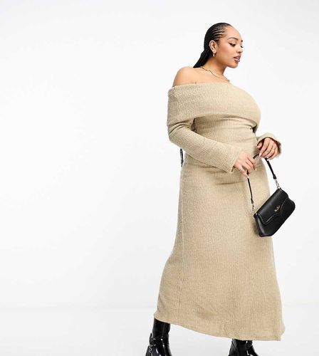 ASOS DESIGN Curve - Robe longue à épaules dénudées en maille bouclée avec manches évasées - Grège - Asos Curve - Modalova