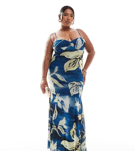 ASOS DESIGN Curve - Robe longue en tulle à bonnets préformés et ourlet sirène avec motif fleuri oversize - Bleu et jaune - Asos Curve - Modalova